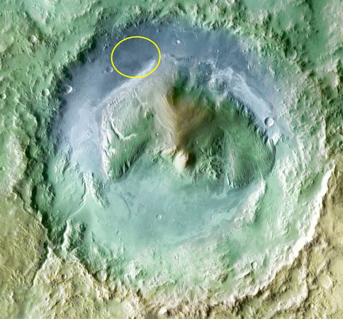 Gale Crater on Mars is the landing site (yellow oval) chosen for the Mars Science Laboratory landing in Spring 2012. Image courtesy NASA.