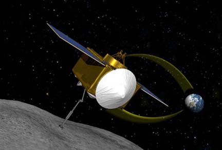 This conceptual image shows OSIRIS-REx moving in place to take a sample from the surface of asteroid RQ36. Scheduled to launch in 2016 and return to Earth in 2023. The science focus  is better understanding of planet formations and origins of life. Image by NASA.