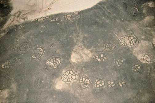 The area near the Azraq Oasis a little south of Azraq ed Duruz, Jordan (east of Amman) has hundreds circular structures made of stone that date back at least 2,000 years old - and perhaps even 9,000-years-old. These wheel structures are often found on lava fields and range from 82 feet to 230 feet (25 meters to 70 meters) across. Archaeologists used to believe that the Azraq Oasis wheels were used as a cemetery, but that is now in doubt. None of the stone patterns can be seen from the flat ground, only from the air. Aerial image by David L. Kennedy, Ph.D., Aerial Photographic Archive for Archaeology in the Middle East (APAAME).