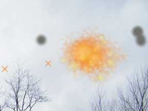 2:33 AM Eastern, November 2, 2008, glowing “pod” rose upward and disappeared with triangle of lights near Midvale, Ohio, home. Dark circles show position in daylight photo where lights were in night sky as glowing, orange-yellow object moved upward. Photograph and graphic illustration © 2008 by “Joy.”