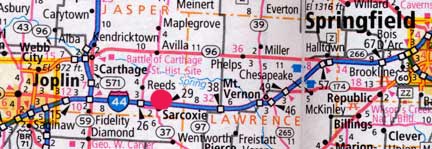 Sarcoxie, Missouri, is on Highway 44 east of Joplin.