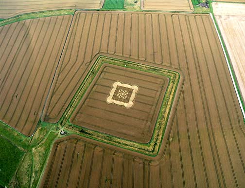 Rectangular wheat “settlement” pattern within ancient Morgan's Hill Celtic settlement border reported August 2, 2009, at Morgan's Hill near Bishop Cannings. Aerial image © 2009 by Julian Gibsone. Other information and images: Cropcircleconnector.com.