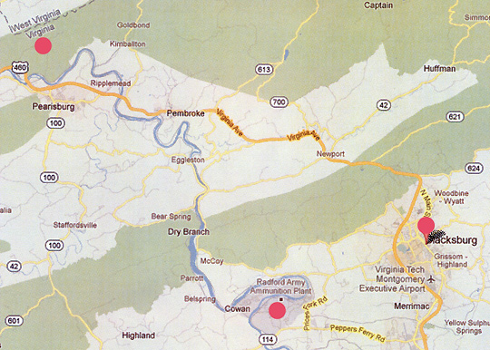 Blacksburg, Virginia (right red circle) has a population of about 40,000 people and is a few miles northwest of the Radford Army Ammunition Plant (middle red circle) and southeast of the Virginia and West Virginia border (upper left red circle).