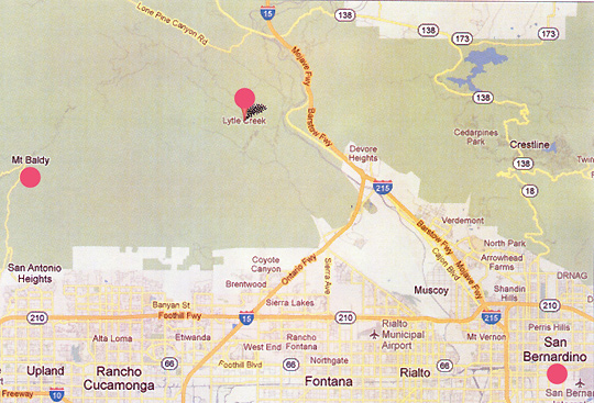 Center red circle marks Lytle Creek where J.D. Johnson and his friend, Bob, encountered multi-colored “plasma” aerial lights after 11 PM Pacific on March 23, 2006, east of Mt. Baldy (far left red circle) and northeast of San Bernardino (lower right red circle).