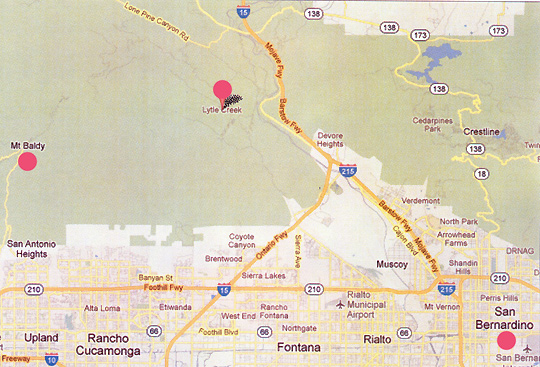 Center red circle marks Lytle Creek where J.D. Johnson and his friend, Bob, encountered multi-colored “plasma” aerial lights after 11 PM Pacific on March 23, 2006, east of Mt. Baldy (far left red circle) and northeast of San Bernardino (lower right red circle).