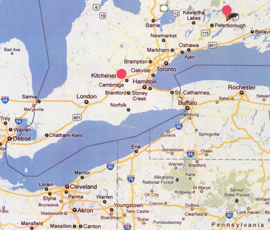 Norwood, Ontario, Canada, is the upper right red circle east of Peterborough. Kitchener, Ontario, is the far left circle west of Toronto.