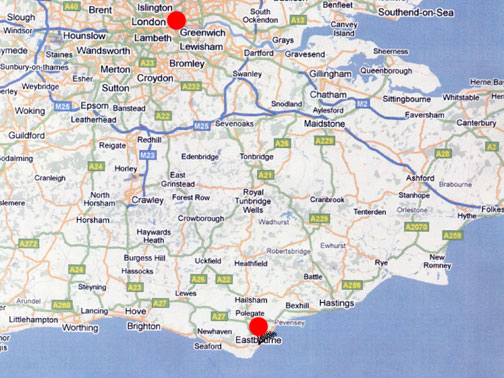 Eastbourne, Sussex, England (bottom circle) is about 58 miles from London (upper circle) very near the English Channel coast.