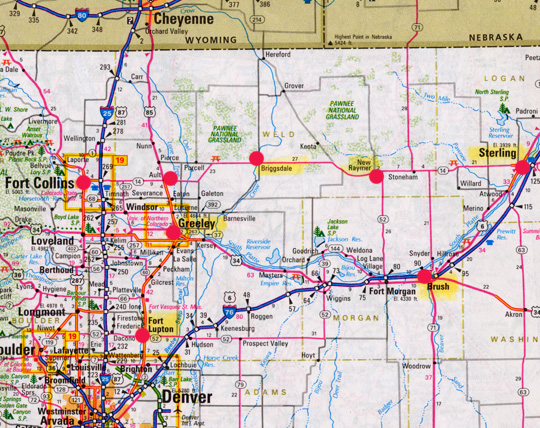 From Fort Collins to Briggsdale to Sterling, Colorado, the red dots on the map include some of the ranching communities where animal mutilations were reported repeatedly in the 1970s and 1980s.