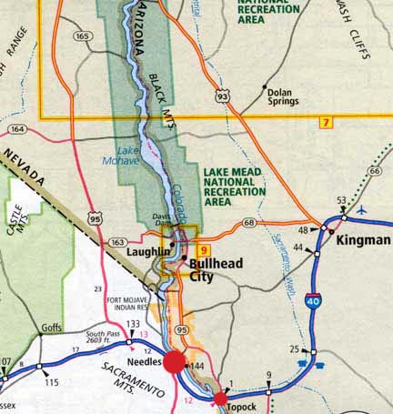 Needles, California, is the larger red circle; Topock, Arizona, is the smaller red circle.