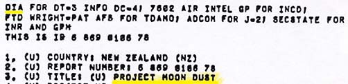 U. S. Department of Defense, Joint Chiefs of Staff Message Center,  from Defense Intelligence Agency (DIA) concerning Project Moon Dust information from New Zealand location received on November 13, 1978.