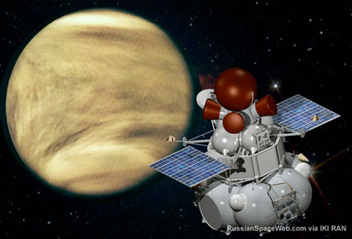 Russian Space Web.com illustration of  “the Venera-D spacecraft approaching clouds-veiled Venus. Shown configuration was only one of several designs envisioned at the conclusion of the project's definition phase in September 2009. A ball-shaped capsule containing the main lander can be seen at the top, with four mini-capsules carrying atmospheric balloons attached just below it. Individual entry capsules for each balloon would allow to deploy scientific sensors over much wider regions of the planet then it would be possible if they were all released from a single descent vehicle.”