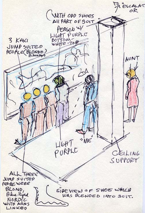 Sketch of three blond beings in khaki jump suits with their arms linked together as well as arm linked with the taller, “cobra-haired” female on far right. Behind them is John Smith leaning against ceiling support column. His aunt is on the other side of the column. His wife was further back from aunt and not in sketch. All were watching the marine creatures swimming in tank at Marineland in 1961. Illustration © 2010 by John Smith.