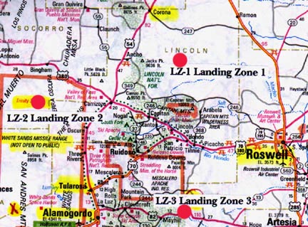  Interplanetary Unit War Department Office TOP SECRET Memorandum dated July 22, 1947, describes three UFO crash/retrieval sites referred to as LZ  (Landing Zone) 1 near Corona; 2 at Trinity Site WSPG; and 3 on Mescalaro Apache Reservation, occurring between July 4 and 6, 1947. Approximate locations are shown on this map.