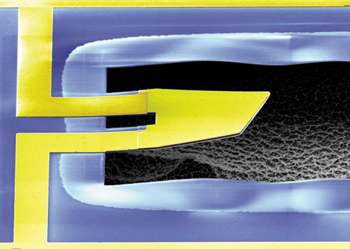 Science journal's Breakthrough of 2010 went to the first mechanical, vibrating device (resonator), which is as long as a human hair is wide. The paddle-shaped resonator is made of a thin film of aluminum nitride sandwiched between aluminum layers. The device is the first to reach the quantum ground state, a feat achieved by physicists at the University of California - Santa Barbara, led by Andrew N. Cleland, Prof. of Physics, Cleland Group, UC-Santa Barbara. Scanning electron microscope image 2010 by Andrew N. Cleland and Aaron D. O'Connell.