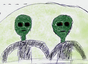 Dark avocado green, rough lizard-like skin around big, black eye holes of short, thin entities that wore skin-tight black garments inside a lime green glowing small craft in radio engineer's back yard, 1977, Southern California. Illustration © 2010 by Mr. Jones.