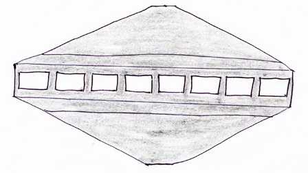 October 1, 2006, 11:15 PM Mountain, Roswell, New Mexico. Sketch of aerial craft with white glowing, rectangular windows that showed dull grey metal surface between each window. The estimated 650-foot-wide, completely silent craft moved slowly in the air over a cattle ranch behind the Roswell Correctional Center State Prison  about 25 miles south of Roswell. Correctional officer Pat Colligan made notes and sketch soon after his encounter with the huge craft.