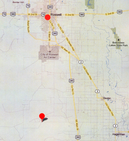 Red circle west of Dexter and Hagerman where another auxiliary air field with paved runways was built in the 1940s has been converted into the Roswell Correction Center (RCC), a New Mexico state prison.