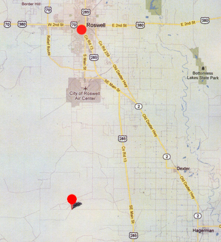 Red circle west of Dexter and Hagerman where another auxiliary air field with paved runways was built in the 1940s has been converted into the Roswell Correction Center (RCC), a New Mexico state prison.