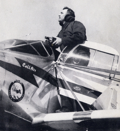 `Also in his book on page 161 is this photograph of Kenneth Arnold of Boise, Idaho, standing in the cockpit of  the airplane he was flying near Mount Rainier, Washington, at 3 PM on June 24, 1947, when he saw a formation of nine “very bright (silver-white) objects coming from the vicinity of Mount Baker ... at tremendous speed.  ... What startled me most was the fact that I could not find any tails on them.”