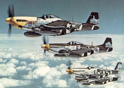 P-51 fighter group in formation during 1940s.