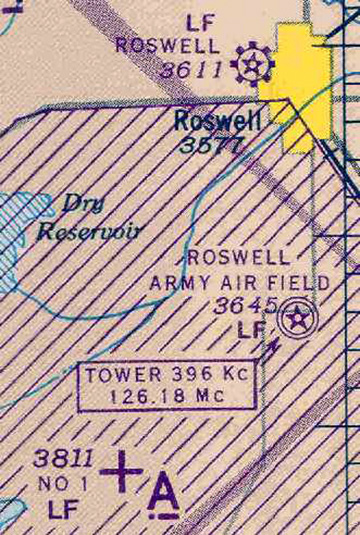 1944 aeronautical chart of Roswell, New Mexico (yellow) eight miles north of Roswell Army Air Field and its additional Auxiliary  No. 1 air field in lower left. Other auxiliary air fields were built south of Roswell. Historic map source Abandoned Airfields.