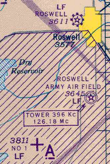 1944 aeronautical chart of Roswell, New Mexico (yellow) eight miles north of Roswell Army Air Field and its additional Auxiliary No. 1 air field in lower left. Other auxiliary air fields were built south of Roswell. Historic map source Abandoned Airfields.