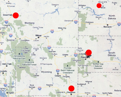 Malmstrom AFB near Great Falls, Montana (upper left circle); Minot AFB near Minot, North Dakota (upper right circle); Ellsworth AFB near Rapid City, South Dakota (middle right circle); and Warren AFB near Cheyenne, Wyoming (lowest red circle).