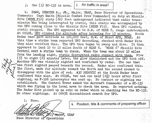  Department of the Air Force, Headquarters 862nd Combat Support Group (SAC), Minot AFB, North Dakota, UFO Report to AFSC (FTD), Wright-Patterson AFB, Ohio, dated August 30, 1966, concerning UFO events over nuclear missile sites on August 25, 1966, signed by Chester A. Shaw, Jr., Major, USAF, Base Director of Operations.