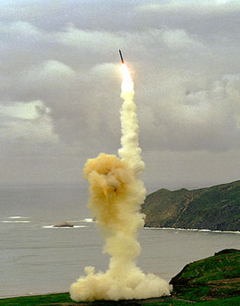 Minuteman III missiles are regularly tested with launches from California's Vandenberg AFB (above in 2006). The most recent launch test on September 17, 2010, sent a single re-entry test vehicle into suborbital space on a flight that soared some 5,300 miles (8,530 km) across the Pacific Ocean, successfully landing on target about 200 miles (322 km) southwest of Guam. Image courtesy USAF.