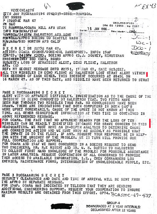 SECRET telex from SAC (Strategic Air Command) to RUWMMBA/00AMA Hill AFB, Utah, and others including Malmstrom AFB, Montana; Boeing Co., Seattle, Washington; and Norton AFB, California, dated March 17, 1967, about ECHO Flight shut down of ten ICBMs the day before on March 16, 1967. Then 10 more were shut down at OSCAR Flight by unidentified external EMP on March 24, 1967.