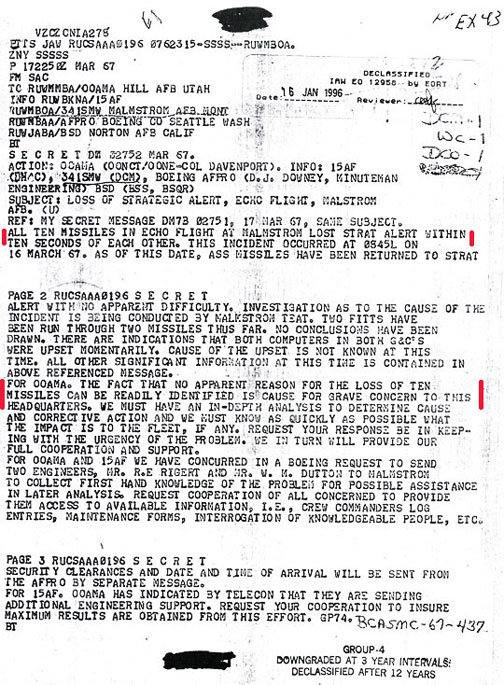 SECRET telex from SAC (Strategic Air Command) to RUWMMBA/00AMA Hill AFB, Utah, and others including Malmstrom AFB, Montana; Boeing Co., Seattle, Washington; and Norton AFB, California, dated March 17, 1967, about ECHO Flight shut down of ten ICBMs the day before on March 16, 1967. Then 10 more were shut down at OSCAR Flight by unidentified external EMP on March 24, 1967.