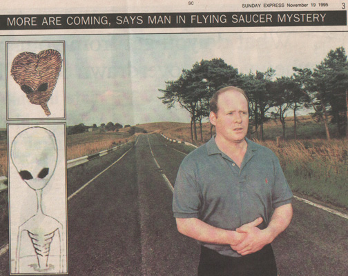 November 19, 1995, U. K. Sunday Express interview with Garry Wood (above) about his A70 abduction with Colin Wright near Tarbrax, Scotland, southwest of Edinburgh that occurred three years earlier on August 17, 1992.