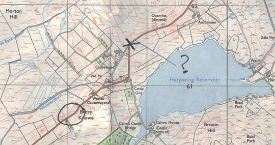 Malcolm Robinson inked the black X on the A70 near Harperrig Reservoir as the estimated location for the Tarbrax, Scotland, abduction on August 17, 1992, around 8 PM, southwest of Edinburgh.