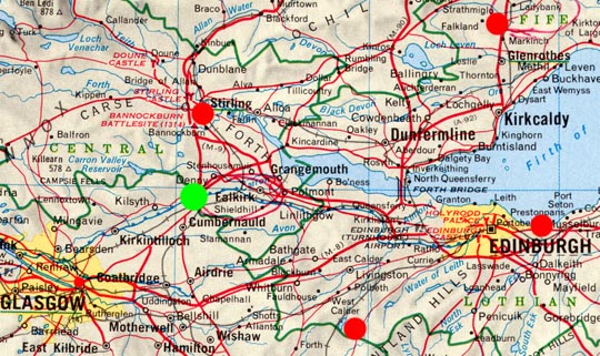 On August 17, 1992, southwest of Edinburgh on the A70 near Harperrig Reservoir near Tarbrax, Scotland, (bottom red circle), around 8 PM, two men in a car encountered a disc over the road and lost 90 minutes of time. Residents in the region associate high strangeness phenomena with Bonnybridge (green circle) south of Stirling where UFO Investigator Malcolm Robinson grew up and founded Strange Phenomena Investigations (SPI).