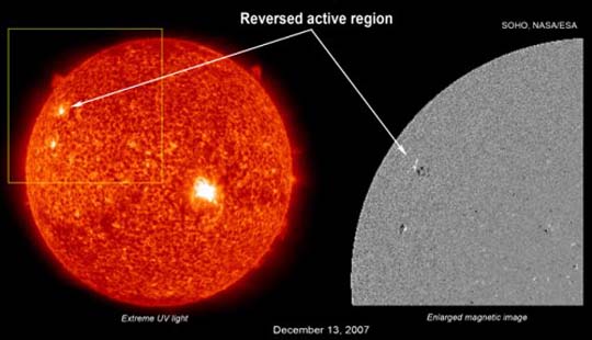 On left, is Extreme UV-wavelength image of the sun and on right, a B&W magnetogram showing positive (white) and negative (black)  magnetic polarities. On December 11, 2007, this new high-latitude active solar region was magnetically reversed from sunspot magnetic directions in the previous Solar Cycle 23. So, this new sunspot officially marks the beginning of Solar Cycle 24.  Images courtesy SOHO/NASA/ESA.