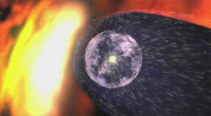 Sun depicted as bright white-yellow object on left blowing off electrons, protons and some heavy ions at nearly 1 million mph (400 kilometers/second) past the earth and out through the solar system. NASA's and ESA's Ulysses spacecraft has measured the pressure of the solar wind decreasing 20% to 25% since 1990. Implications for Earth and solar system are unclear. Graphic illustration by NASA Goddard Space Flight Center.