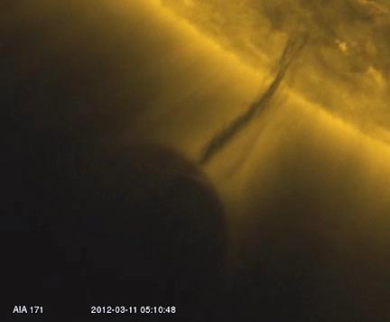 See 21-second YouTube edited mp3 video excerpted from hours-long solar video on March 11, 2012. Original video from NASA's Solar Dynamic Observatory (SDO) and its Atmospheric Image Assembly (AIA) based in the Lockheed Martin Solar and Astrophysics Laboratory (LMSAL), Palo Alto, California. AIA provides full-disk imaging of the Sun in several ultraviolet and extreme ultraviolet (EUV) band passes at high spatial and temporal resolution. See SDO AIA.