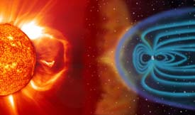 A solar wind stream of plasma and matter from a coronal mass ejection hits Earth's magnetic field. Illustration by NASA.