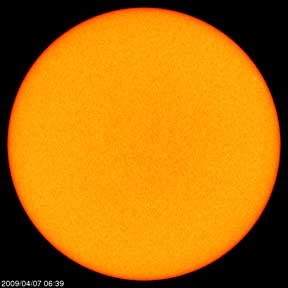 Spotless sun on April 7, 2009. Out of 365 days in 2008, 266 were without sunspots. So far in 2009, January had 25 sunspot free days; February had 23 sun spot free days; and March had 28 sun spot free days. Image source:  SOHO.