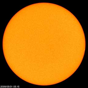 Spotless sun on May 1, 2009. Out of 365 days in 2008, 266 were without sunspots. So far in 2009, January had 25 sunspot free days; February had 23 sun spot free days; March had 28 sun spot free days and April was generally spotless . Image source:  SOHO.