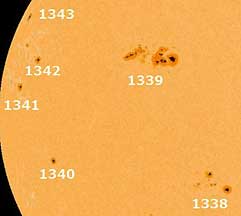 The largest sunspots since 2005 are now visible from the Earth. 1339 (top center) is the largest of several sunspots that have been slowly rotating to face the Earth since November 3, 2011. Sunspot 1339 is 136,000 miles across. That's 17 times the Earth’s diameter of 8,000 miles. Sunspot 1339 erupted on November 3, with an intense X1.9 solar flare. Nov. 4 image by César Cantu, Monterrey, Mexico.