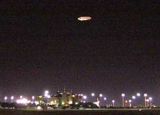 Nokia advertising blimp at night.