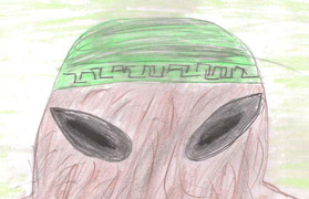 Brown tree bark-skinned entity with large, black, slanted eyes wearing a green skull cap banded with odd symbols at bedroom window of Texas couple on August 19, 2010. Illustration © 2010 by Texas nurse.