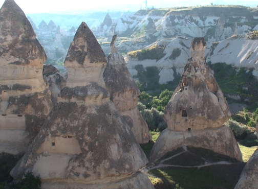 Fairy chimneys of Pasabag and Monks Valley where historians of the region say that Saint Simon in the 5th Century A.D. moved into one of the fairy chimneys to be alone after rumors that he created miracles. Image © 2012 by Linda Moulton Howe.