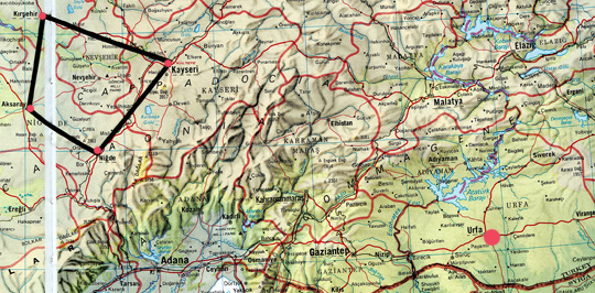 Above:  The Cappadocia region is southeast of Ankara, Turkey, in the Nevsehir Province and bounded by the four cities of Kirsehir (top left red circle); Aksaray (far left red circle); Nigde (lowest red circle in black outlined Cappadocia); and Kayseri (far right red circle in black outline). Urfa and nearby Gobekli Tepe are the red circle in lower right near Turkey and Syria border. Below: Anatolian Balloons firing up on June 11, 2012, before sunrise to take tourists for balloon rides over the spectacular and eerie volcanic landscapes of Cappadocia where Anatolians have carved homes in pointed lava ash domes and made underground cities for millennia. Balloon image © 2012 by Linda Moulton Howe.