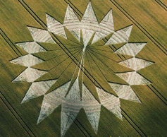 Photoshop reconstruction of formation to illustrate pattern before the farmer drove around in circles cutting off the inner points. Electronic reconstruction © 2009 by Psycho Clown.