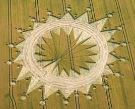 Part 2 of Cannings Cross near Allington, Wiltshire, England, reported on July 10, 2009, with additional circles at the outer points. Inside the farmer's original June 27th circles of wheat cut down, the cut off interior points have been reconstructed into fresh, new points. Aerial image © 2009 by Olivier Morel (WCCSG). For other images and information: Cropcircleconnector.