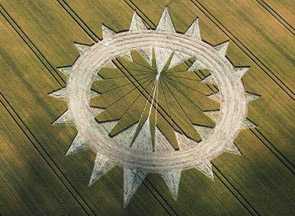 Part 1 of Cannings Cross near Allington, Wiltshire, England, showing June 27, 2009, first reported pattern after the angry farmer drove his tractor around in circles cutting off the points of the interior pattern.  Aerial image © 2009 by Eva-Marie Brekkestø.
