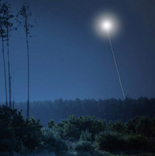 Lt. Col. Charles I. Halt described a mysterious aerial light above Rendlesham Forest that emitted a thin beam down to the ground right in front of him and Staff Sergeant Monroe Nevels in the early morning hours of December 28, 1980. Illustration by Jan Roth at www.rendlesham-incident.co.uk used with permission.