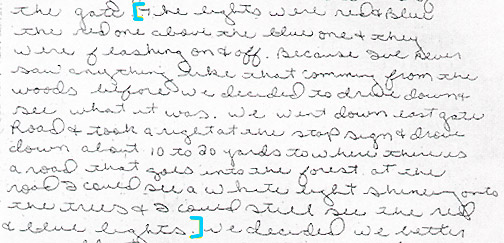 Excerpt of John Burroughs's hand-written statement after the December 26 to December 28, 1980, UFO incidents in Rendlesham Forest between Bentwaters AFB and RAF Woodbridge.